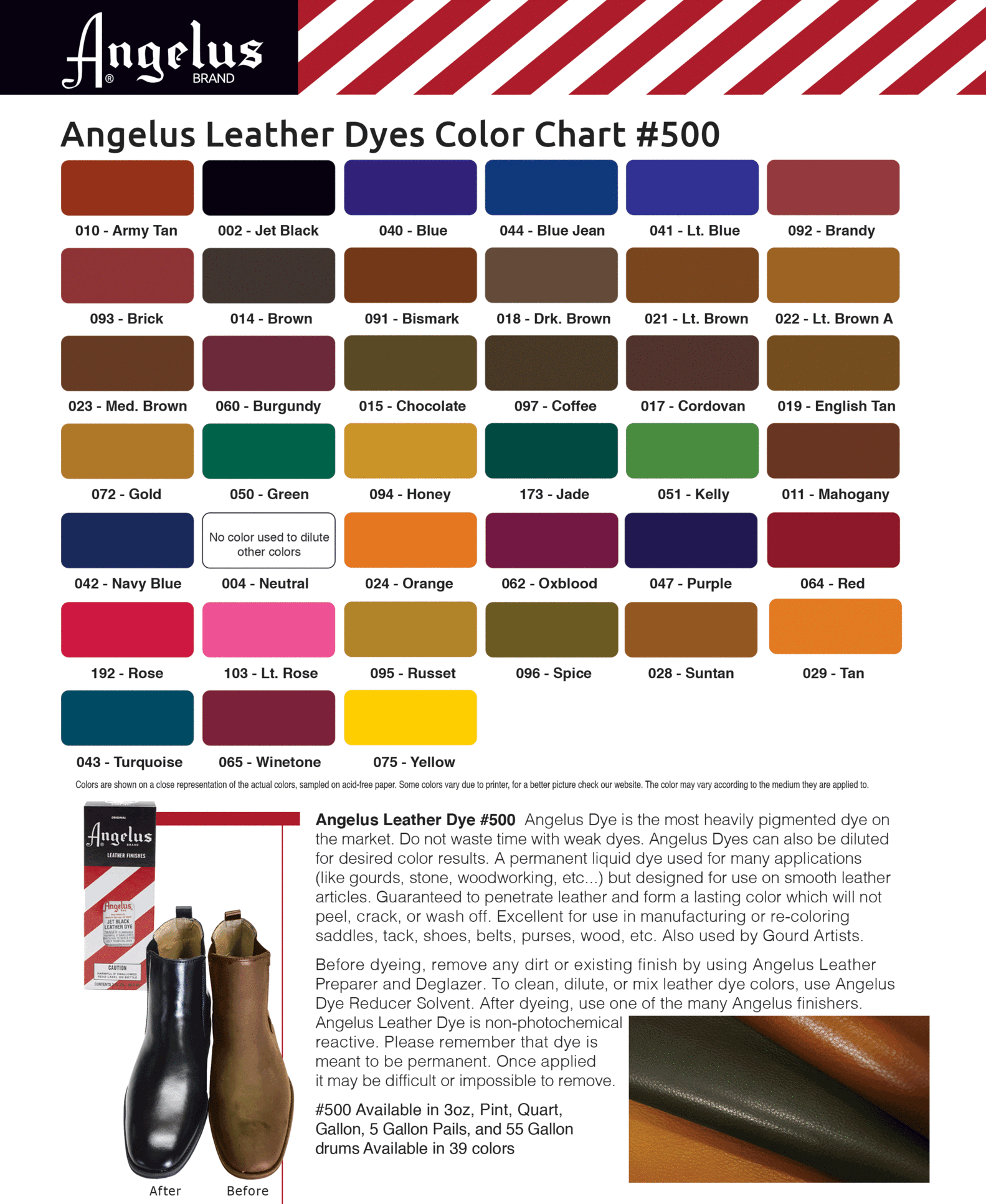 Karta kolorów Angelus Leather Dye Angelus Leather Dye - karta kolorów