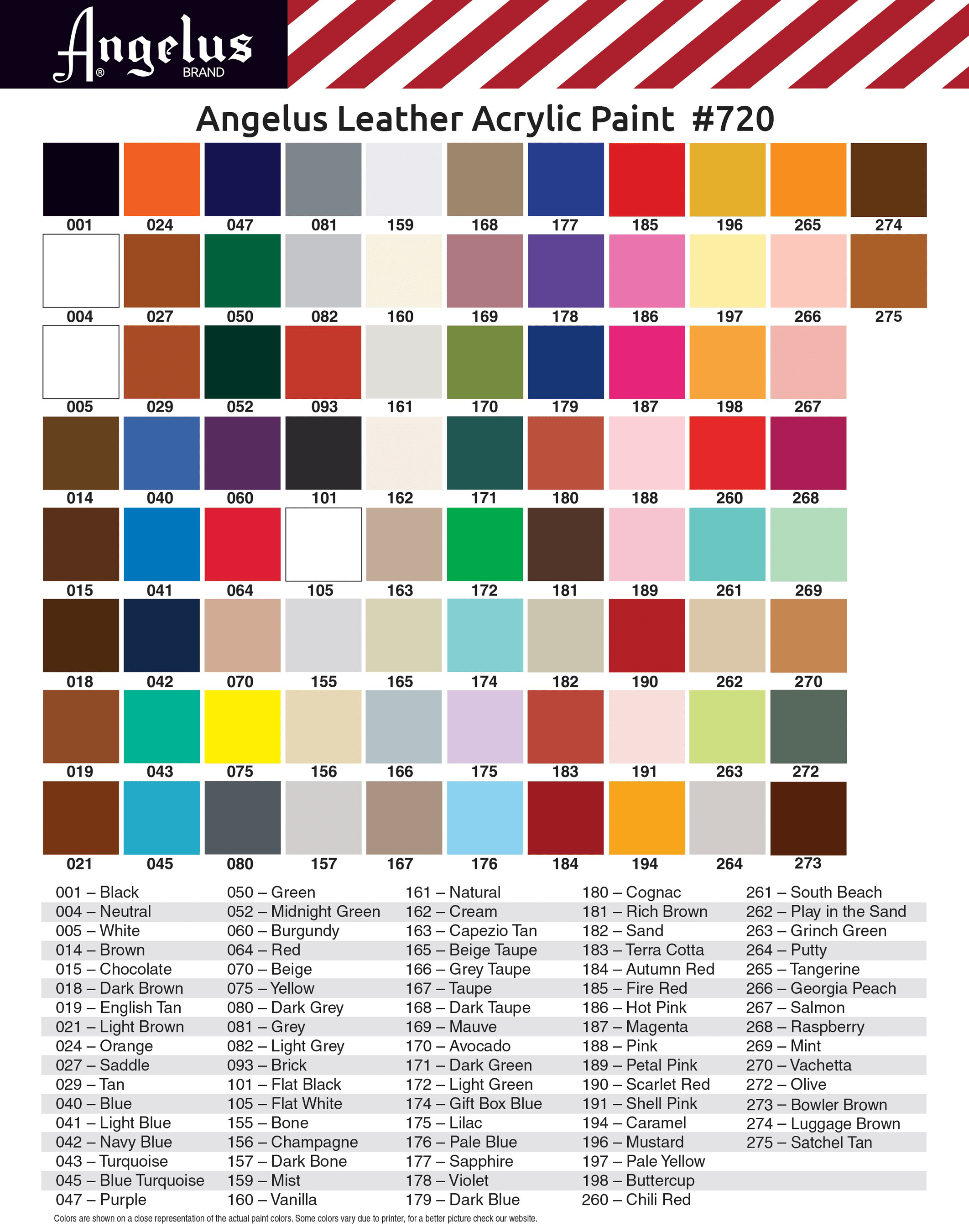 Angelus Paint Standard - karta kolorów Karta kolorów Angelus Acrylic Leather Paint Standard Colors