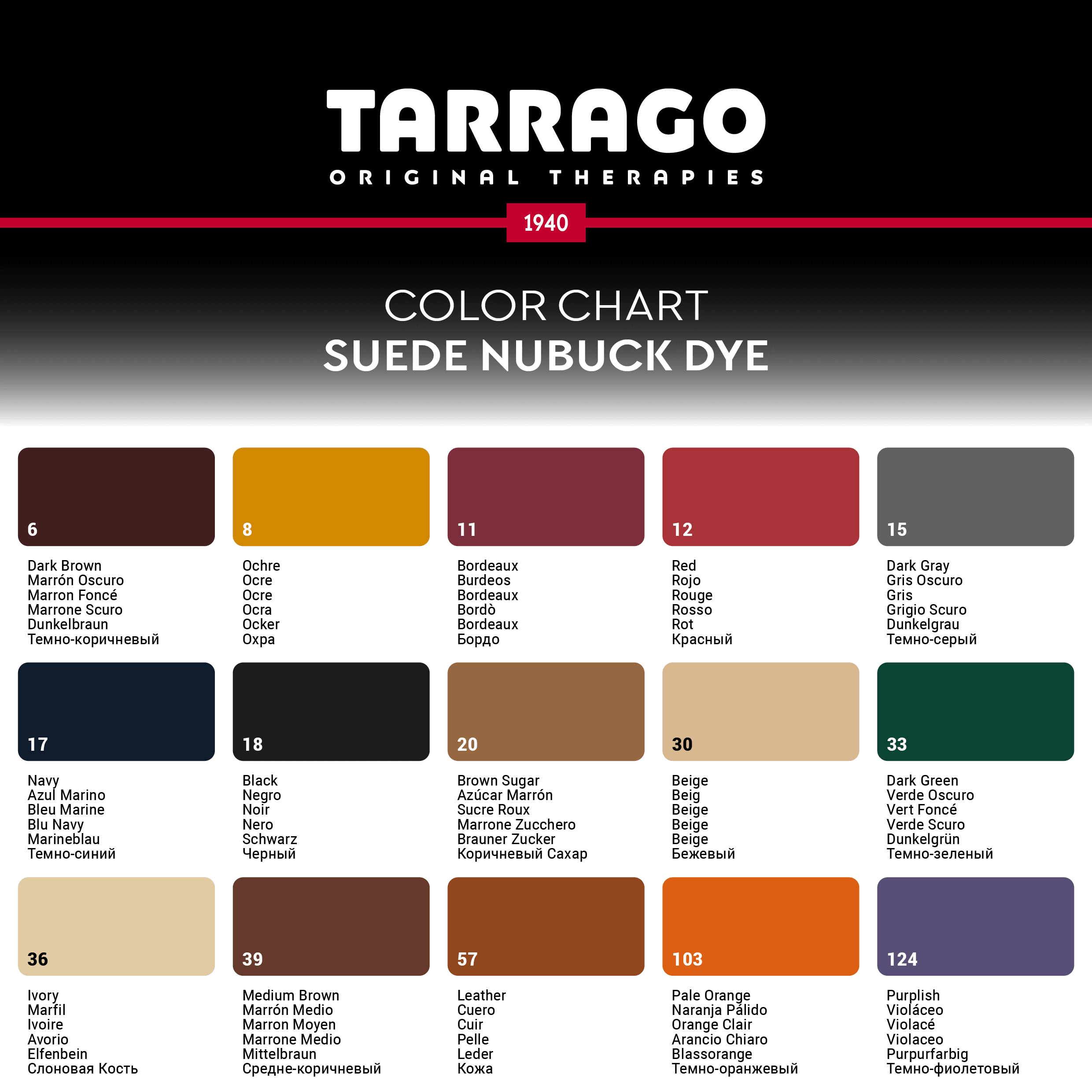 Karta kolorów Tarrago Suede Nubuck Dye Tarrago Nubuck Suede Dye - karta kolorów